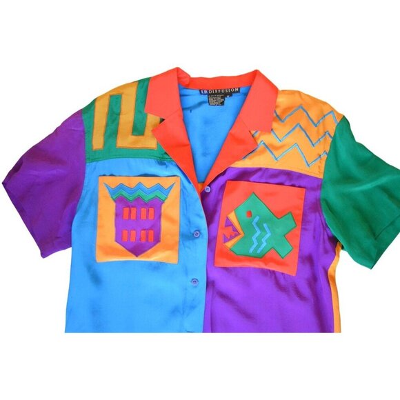 Vintage I.B. Diffusion 1990s Colorblock Silk Shirt High Waisted Pants Set Sizes - Picture 6 of 12